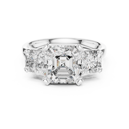 Emerald Cut Three-Stone Diamond Ring with Radiant Side Accents