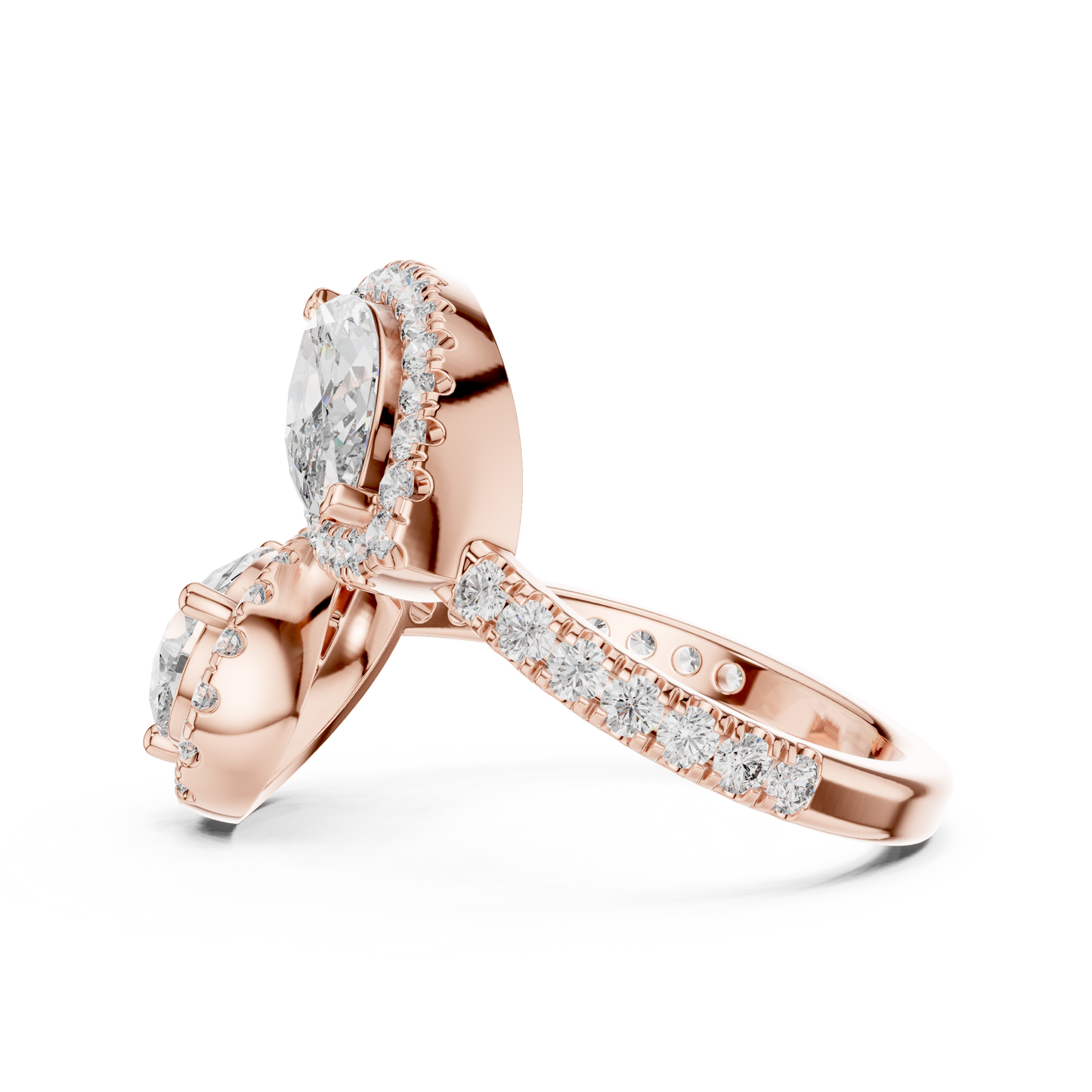 Double-Stone Marquise and Pear Diamond Ring with Diamond Halo Accents