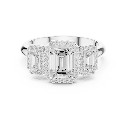 Emerald Cut Three Stone Halo Ring
