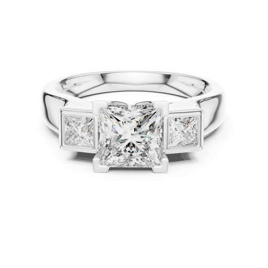 Princess Cut Three-Stone Diamond Ring with Bezel-Set Side Stones