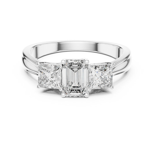 Emerald Cut Three-Stone Diamond Ring with Princess-Cut Side Stones