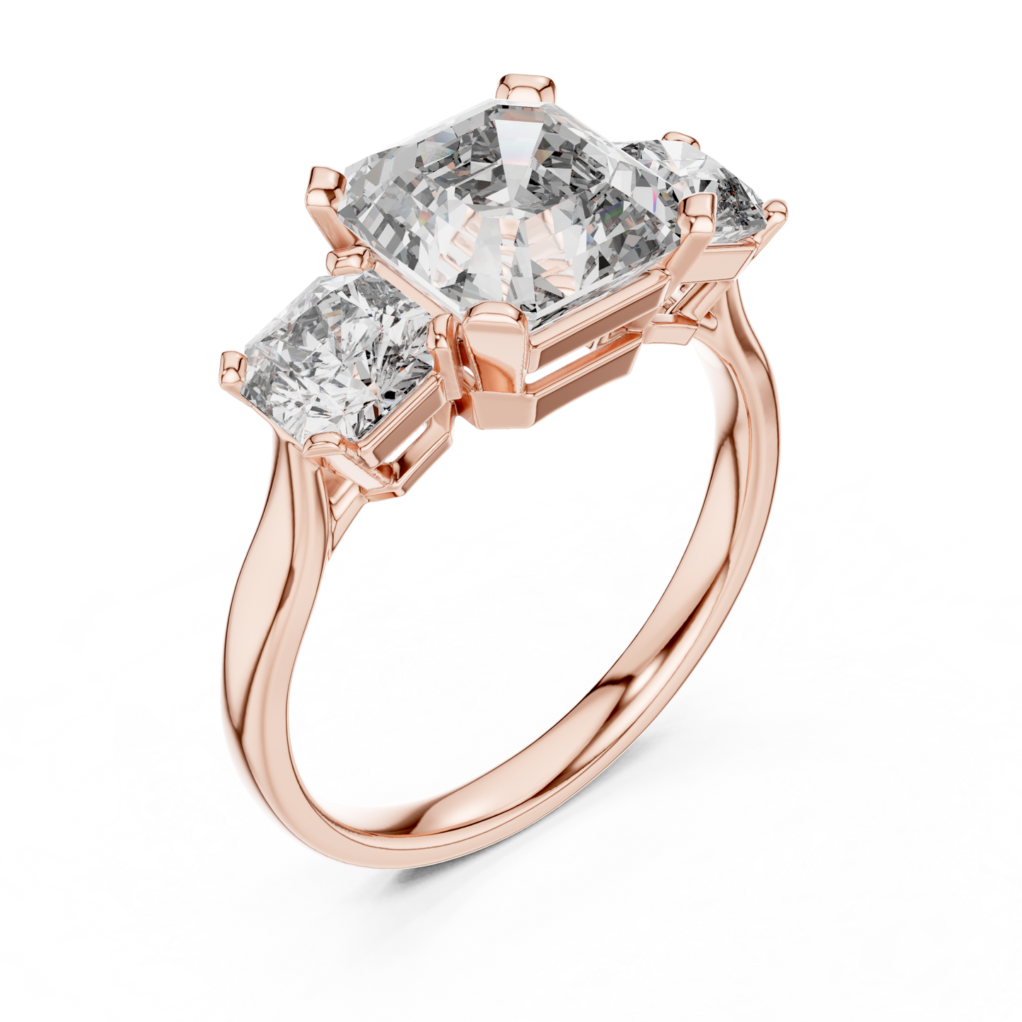 Emerald Cut Three-Stone Diamond Ring with Radiant Side Accents