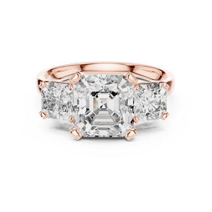 Emerald Cut Three-Stone Diamond Ring with Radiant Side Accents