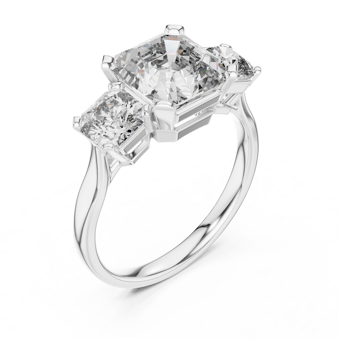 Emerald Cut Three-Stone Diamond Ring with Radiant Side Accents