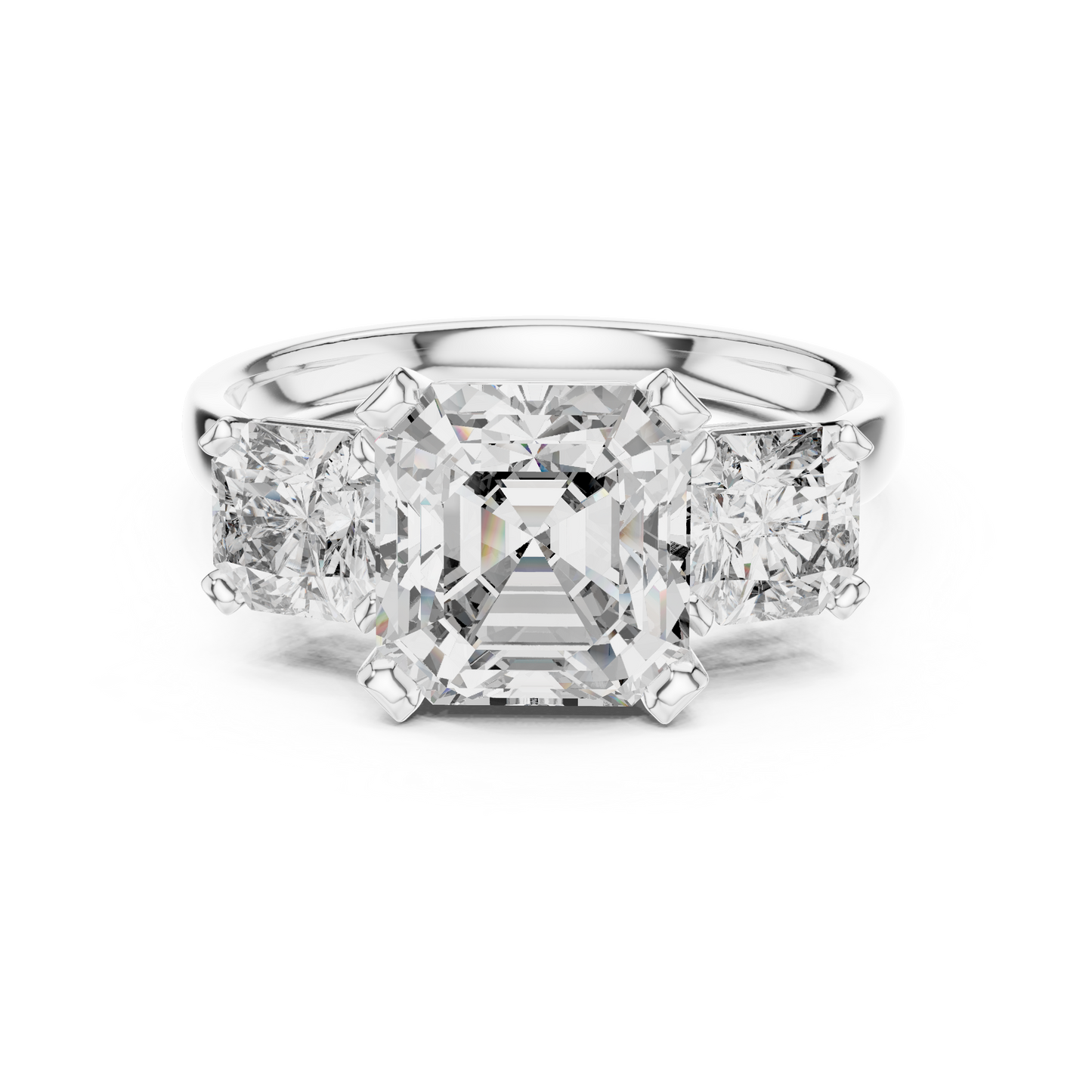 Emerald Cut Three-Stone Diamond Ring with Radiant Side Accents