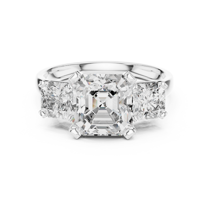 Emerald Cut Three-Stone Diamond Ring with Radiant Side Accents
