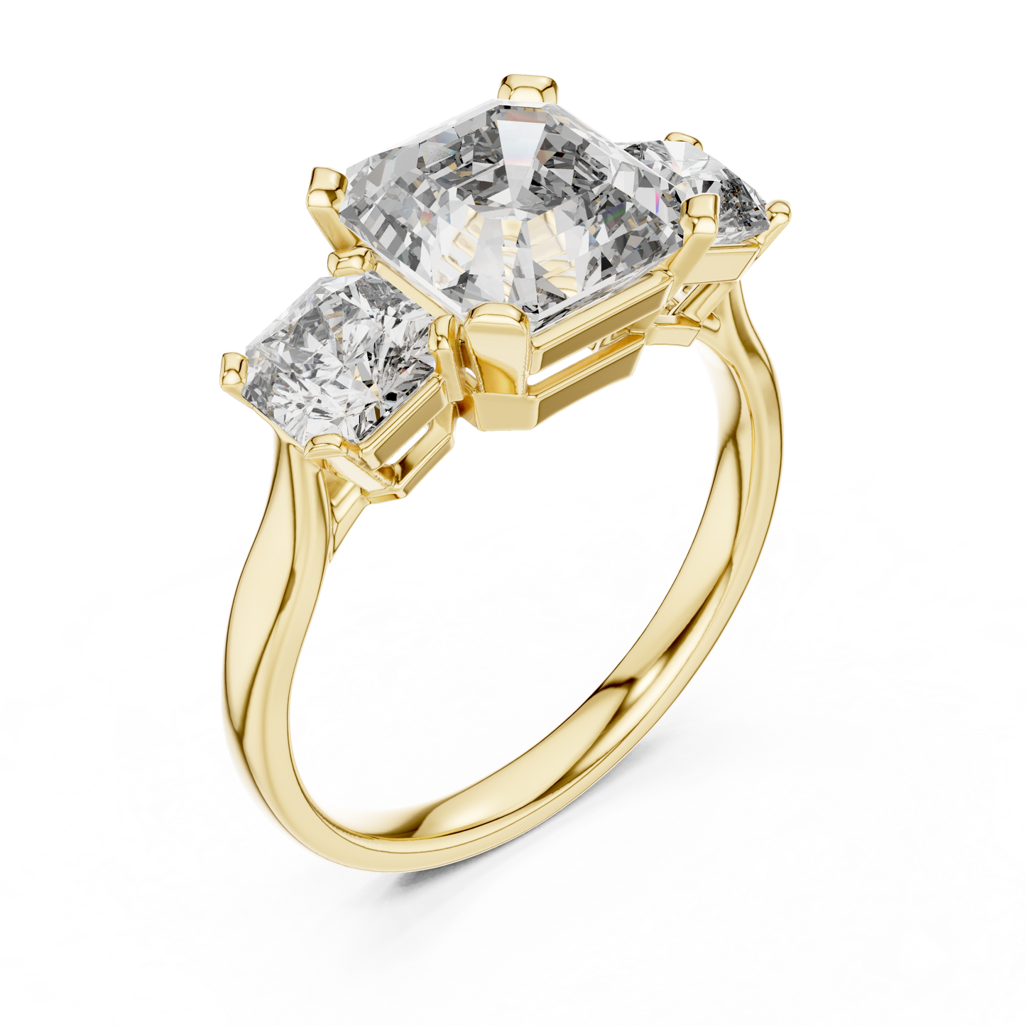 Emerald Cut Three-Stone Diamond Ring with Radiant Side Accents