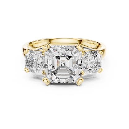 Emerald Cut Three-Stone Diamond Ring with Radiant Side Accents