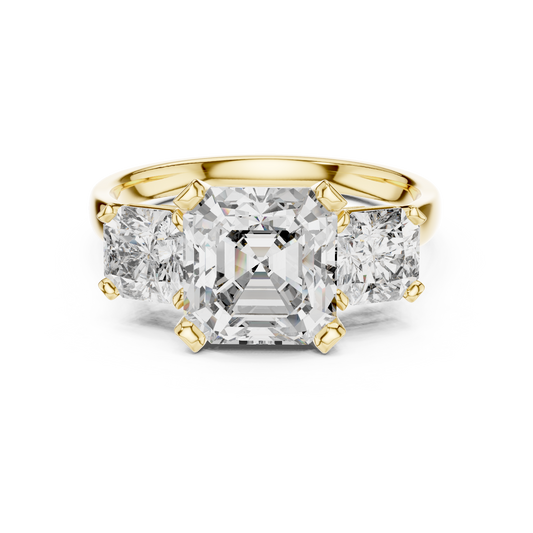 Emerald Cut Three-Stone Diamond Ring with Radiant Side Accents