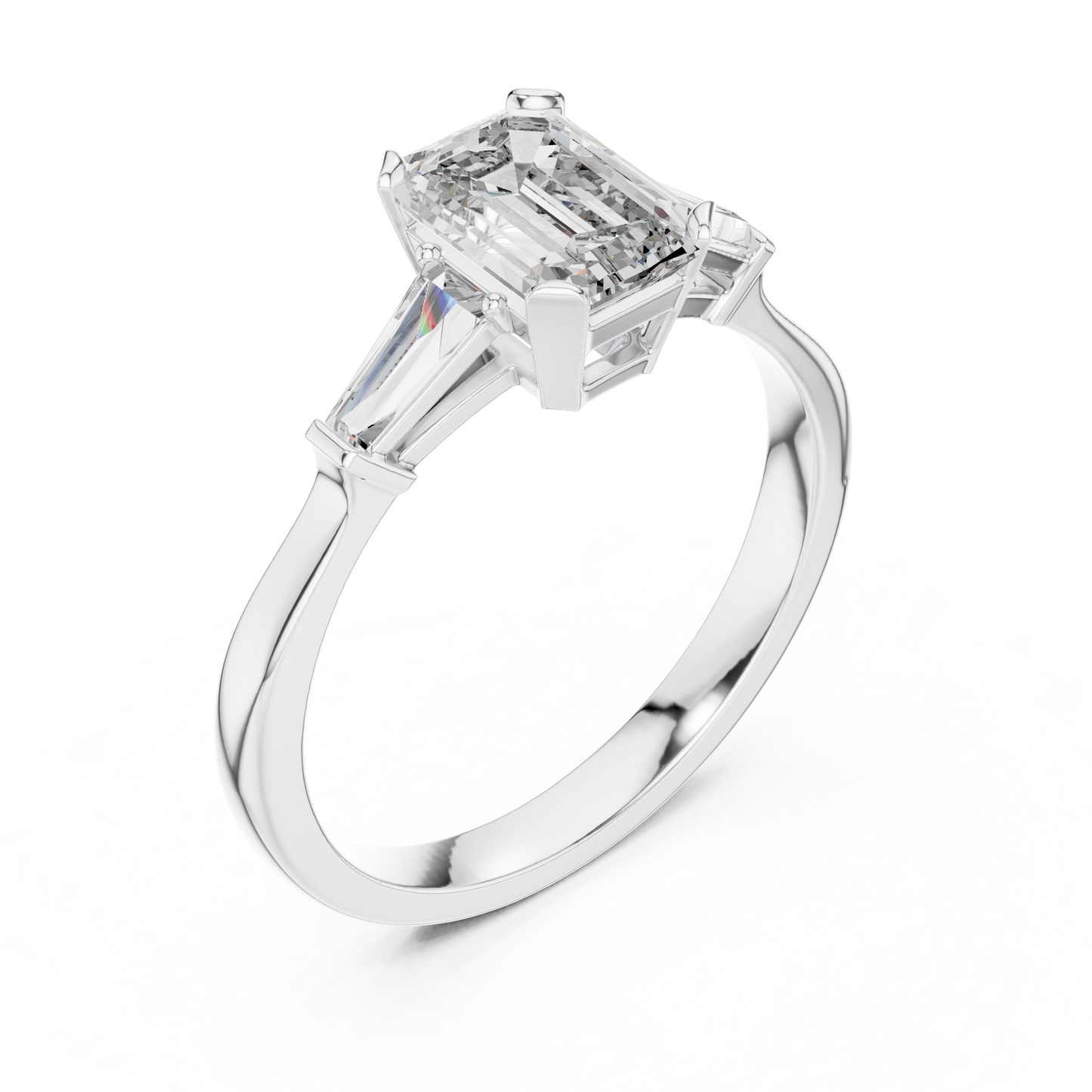 Emerald Cut Three-Stone Diamond Ring with Baguette Side Stones