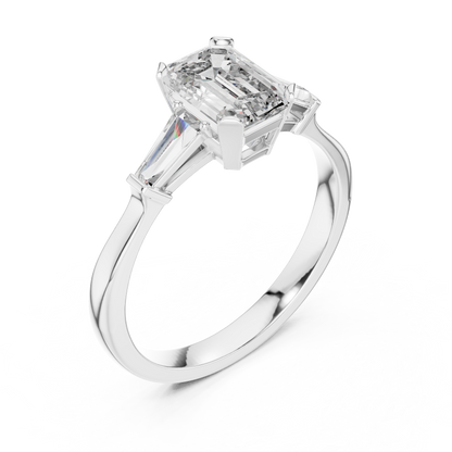 Emerald Cut Three-Stone Diamond Ring with Baguette Side Stones