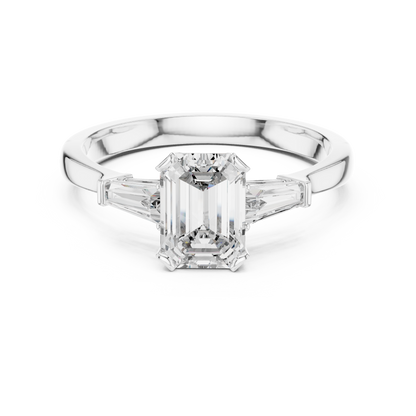 Emerald Cut Three-Stone Diamond Ring with Baguette Side Stones