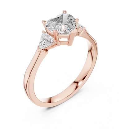 Heart-Shaped Three-Stone Diamond Ring with Trillion Side Stones
