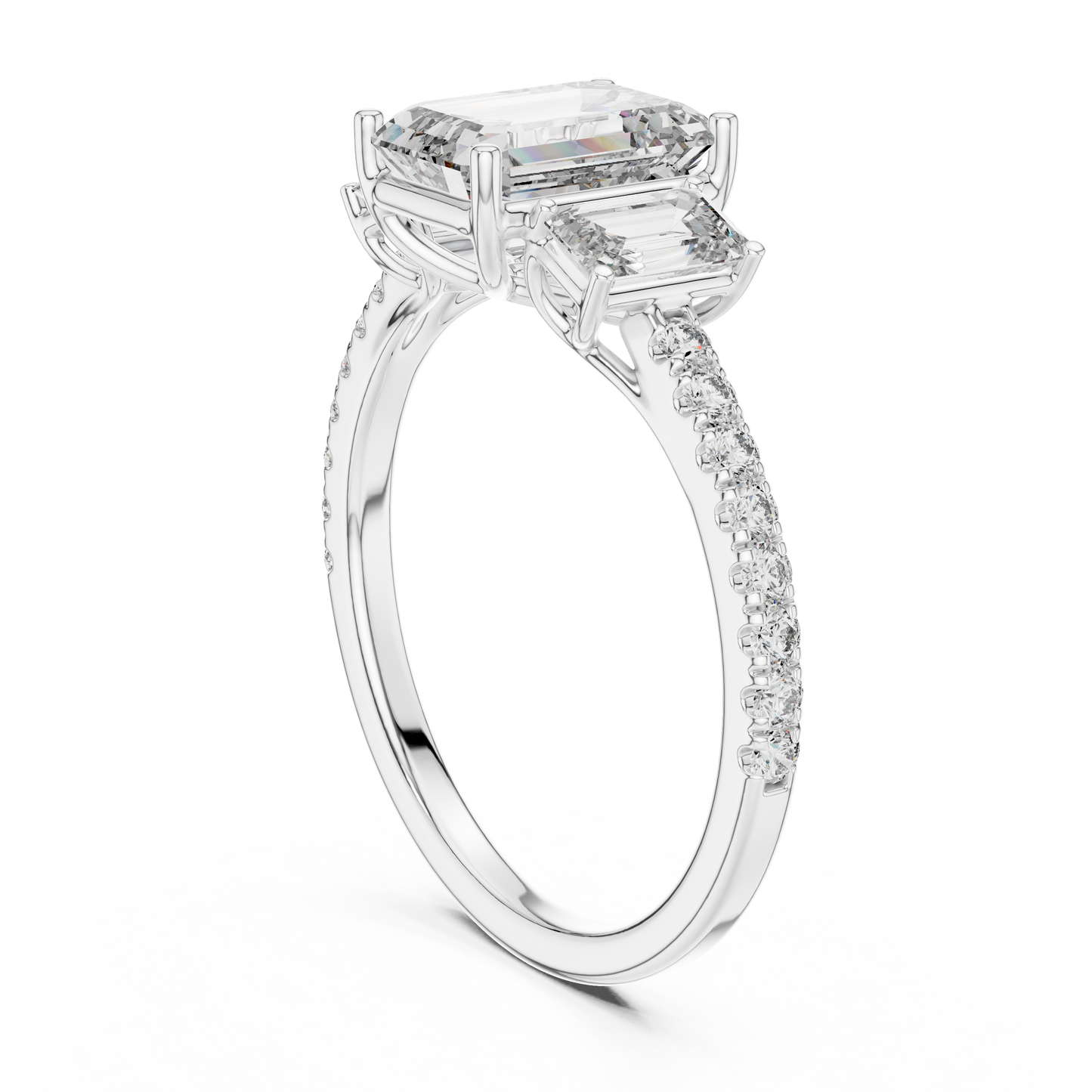 Emerald Three Stone Pave Diamond Ring