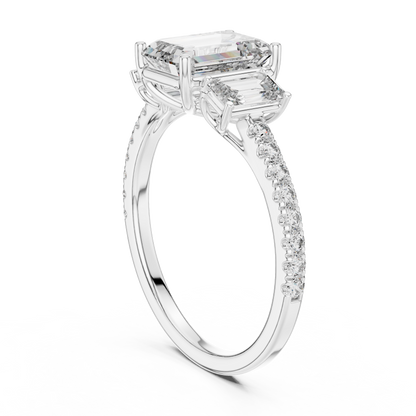 Emerald Three Stone Pave Diamond Ring
