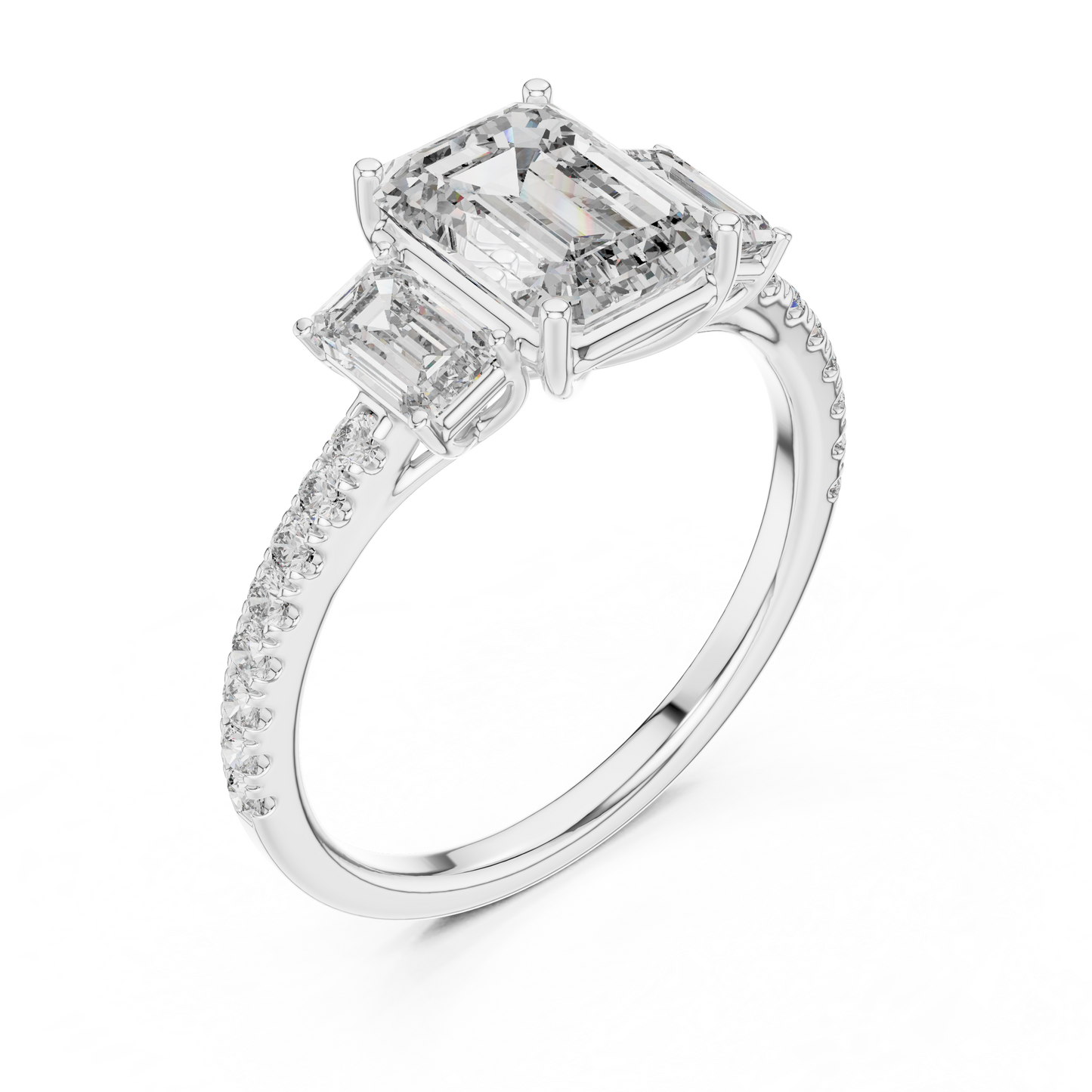 Emerald Three Stone Pave Diamond Ring