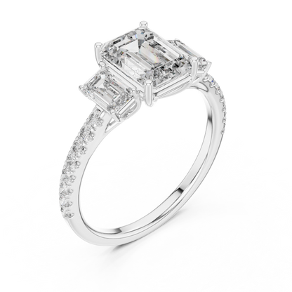 Emerald Three Stone Pave Diamond Ring