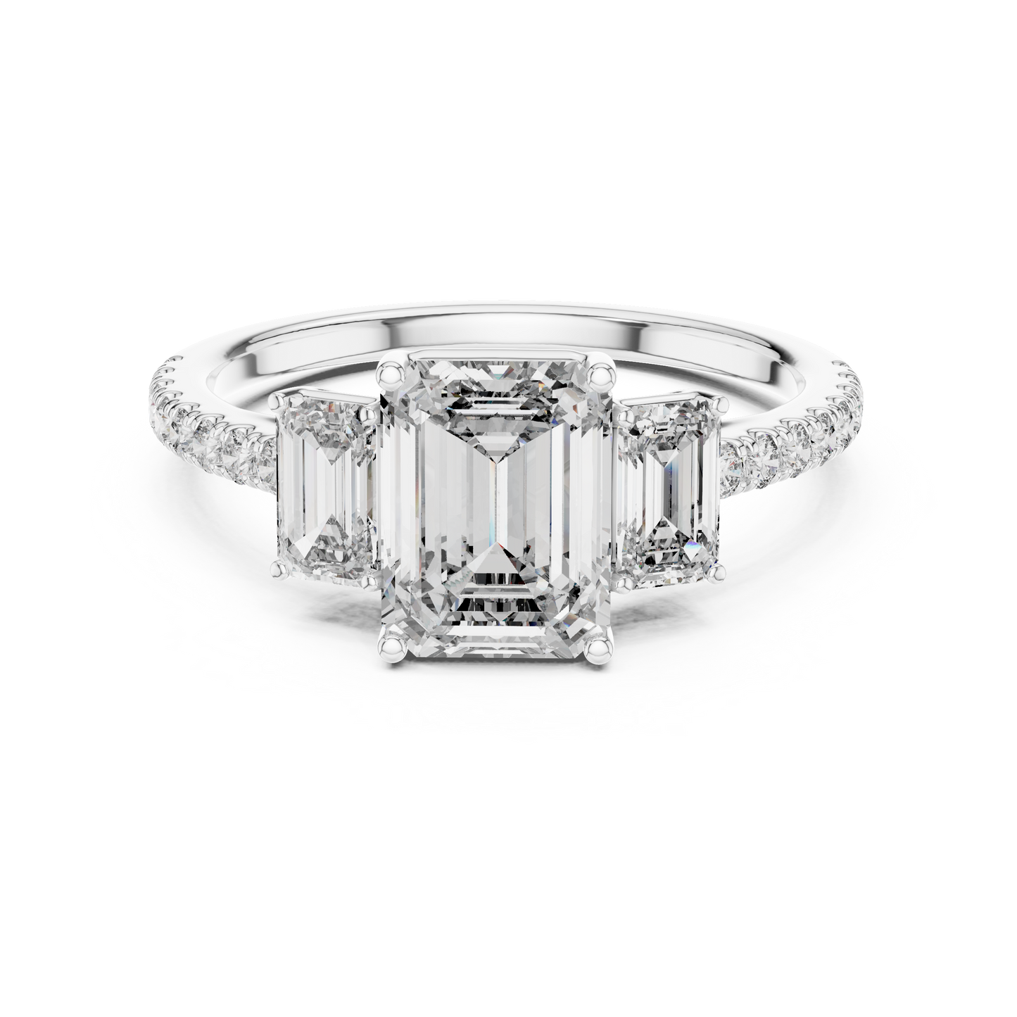 Emerald Three Stone Pave Diamond Ring