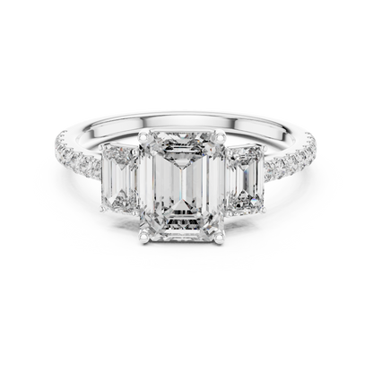 Emerald Three Stone Pave Diamond Ring
