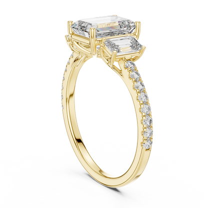 Emerald Three Stone Pave Diamond Ring