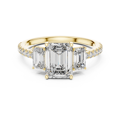 Emerald Three Stone Pave Diamond Ring