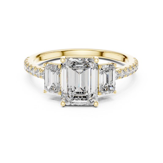 Emerald Three Stone Pave Diamond Ring