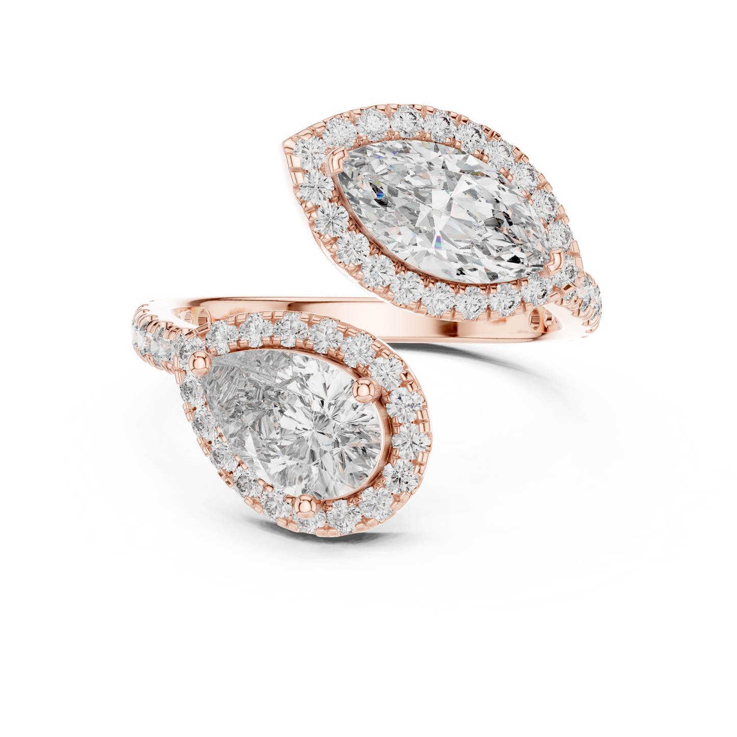 Double-Stone Marquise and Pear Diamond Ring with Diamond Halo Accents
