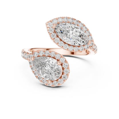 Double-Stone Marquise and Pear Diamond Ring with Diamond Halo Accents