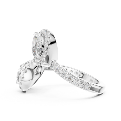 Double-Stone Marquise and Pear Diamond Ring with Diamond Halo Accents