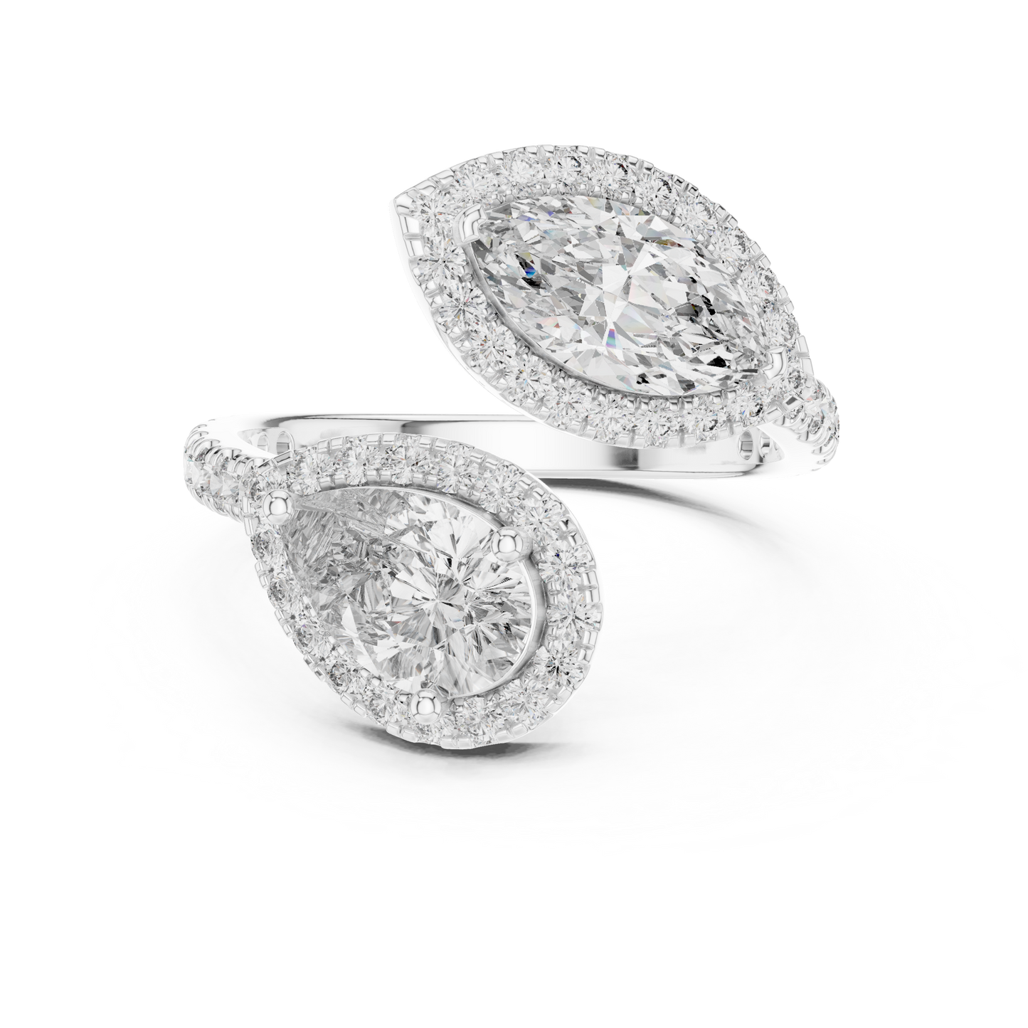 Double-Stone Marquise and Pear Diamond Ring with Diamond Halo Accents