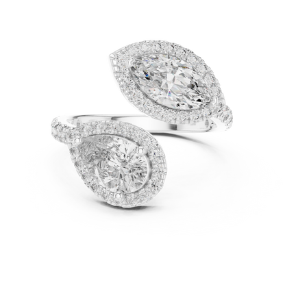 Double-Stone Marquise and Pear Diamond Ring with Diamond Halo Accents