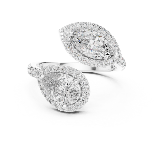 Double-Stone Marquise and Pear Diamond Ring with Diamond Halo Accents