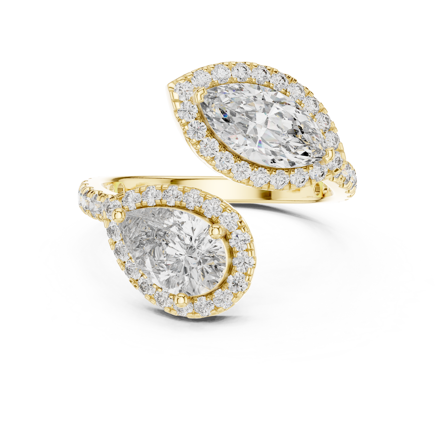 Double-Stone Marquise and Pear Diamond Ring with Diamond Halo Accents