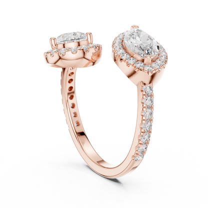 Double-Stone Marquise and Pear Diamond Ring with Diamond Halo Accents