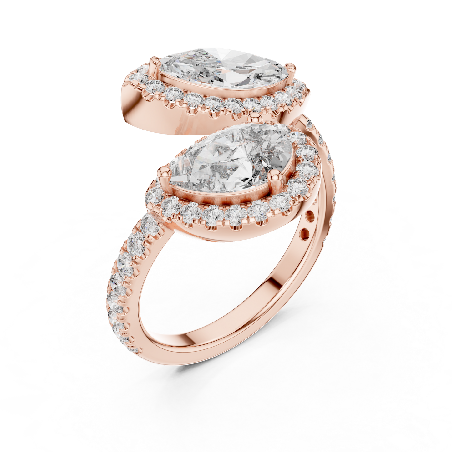 Double-Stone Marquise and Pear Diamond Ring with Diamond Halo Accents