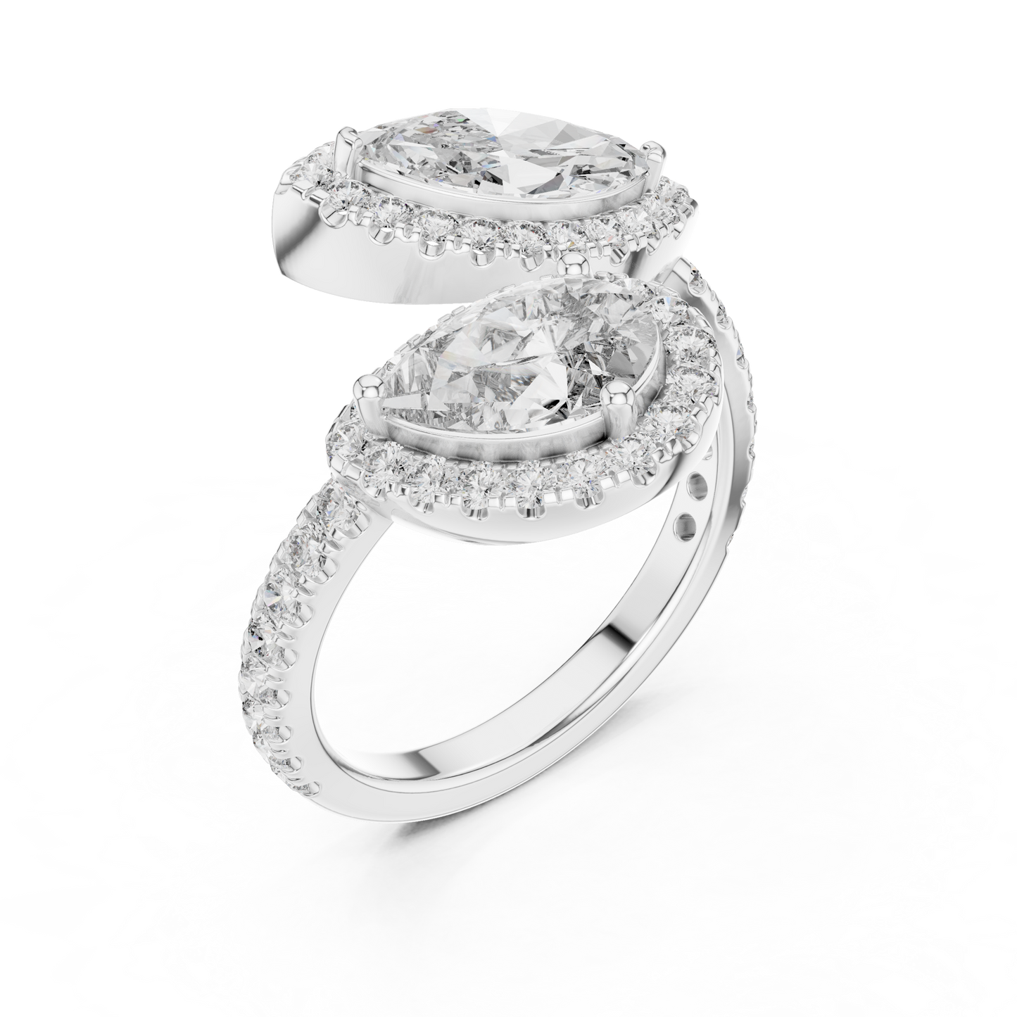 Double-Stone Marquise and Pear Diamond Ring with Diamond Halo Accents