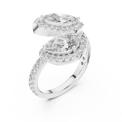 Double-Stone Marquise and Pear Diamond Ring with Diamond Halo Accents