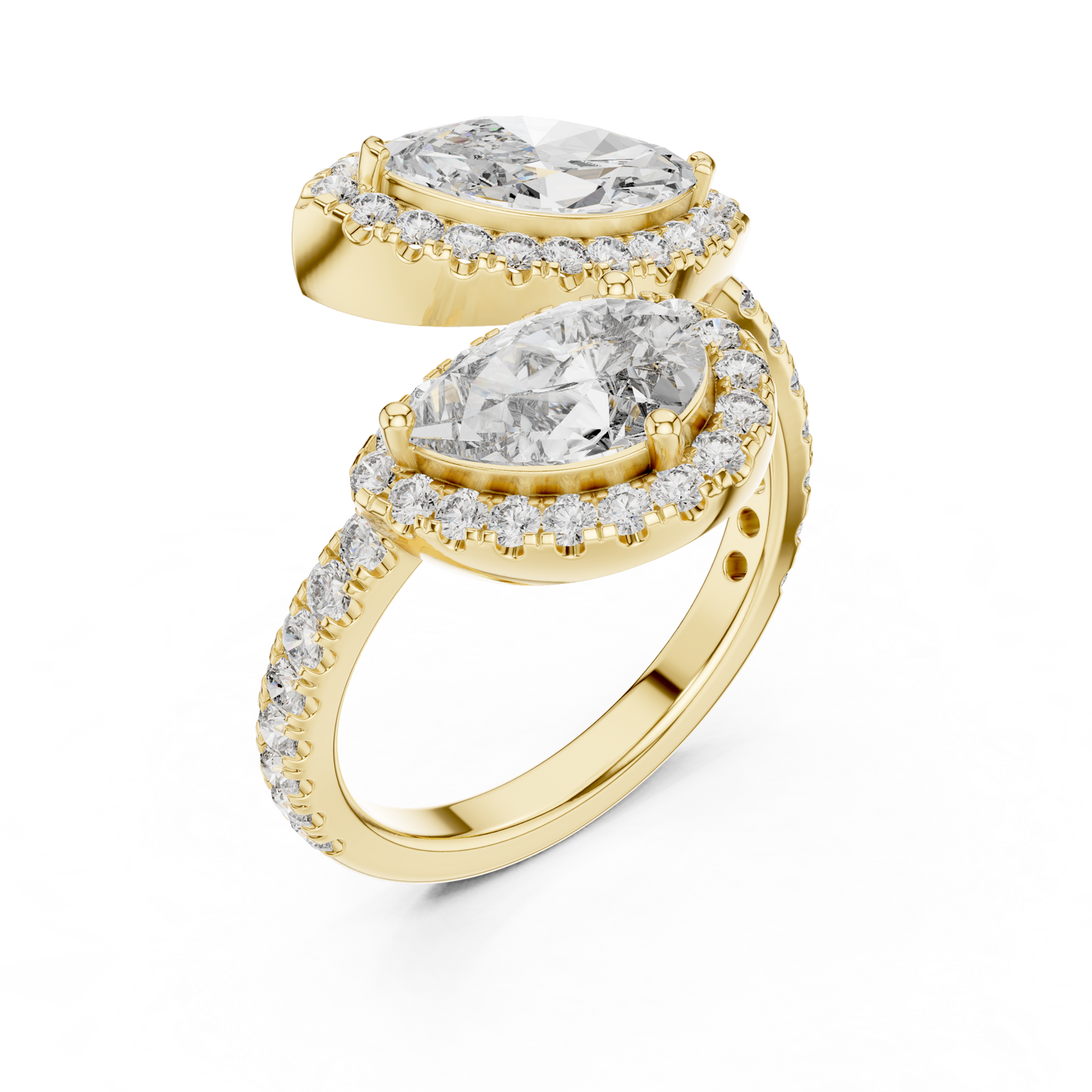 Double-Stone Marquise and Pear Diamond Ring with Diamond Halo Accents