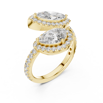 Double-Stone Marquise and Pear Diamond Ring with Diamond Halo Accents
