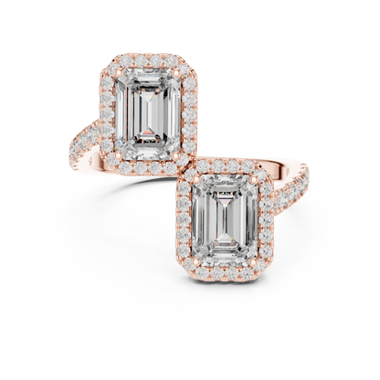 Double Emerald-Cut Diamond Ring with Diamond Halo Accents