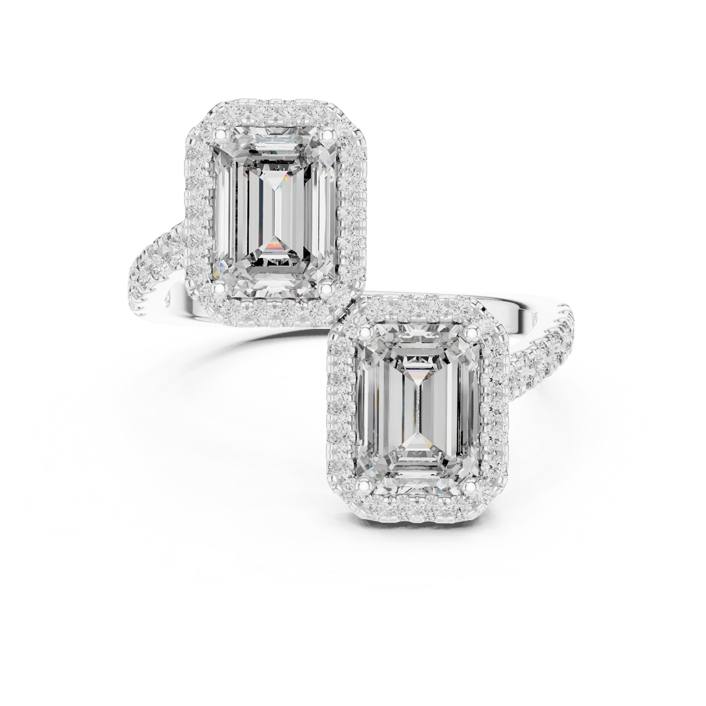 Double Emerald-Cut Diamond Ring with Diamond Halo Accents