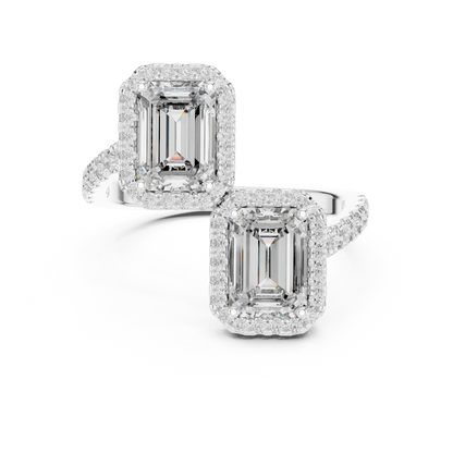 Double Emerald-Cut Diamond Ring with Diamond Halo Accents