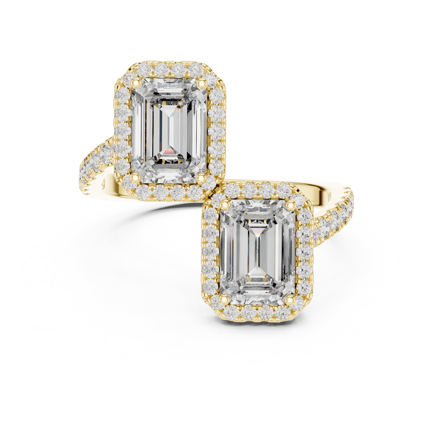Double Emerald-Cut Diamond Ring with Diamond Halo Accents