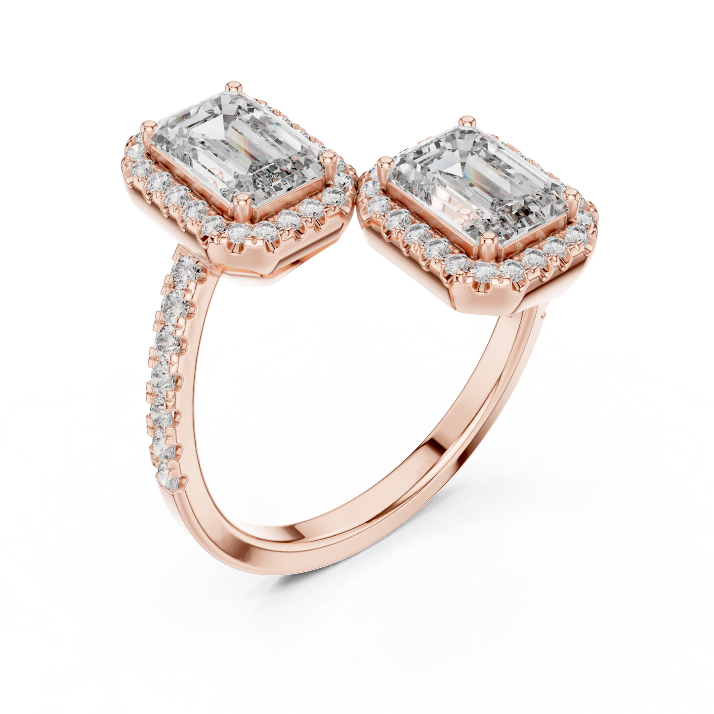 Double Emerald-Cut Diamond Ring with Diamond Halo Accents