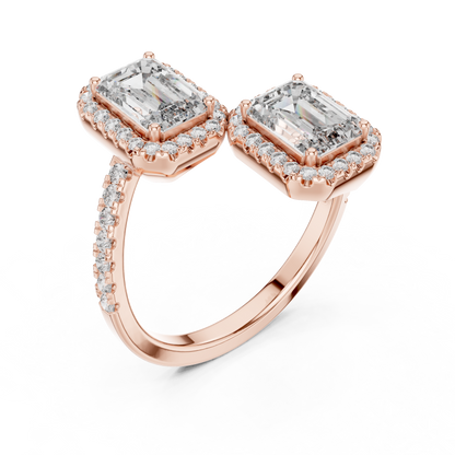 Double Emerald-Cut Diamond Ring with Diamond Halo Accents