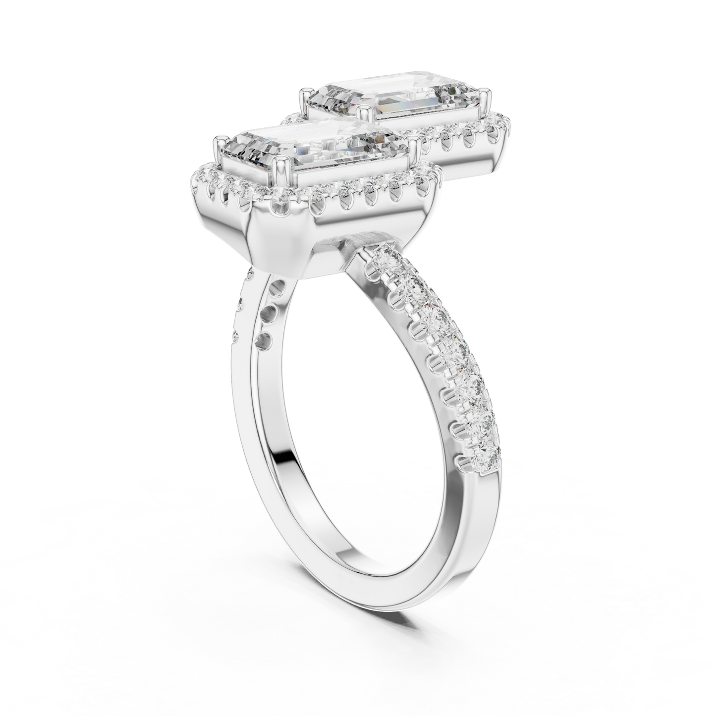 Double Emerald-Cut Diamond Ring with Diamond Halo Accents