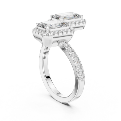 Double Emerald-Cut Diamond Ring with Diamond Halo Accents