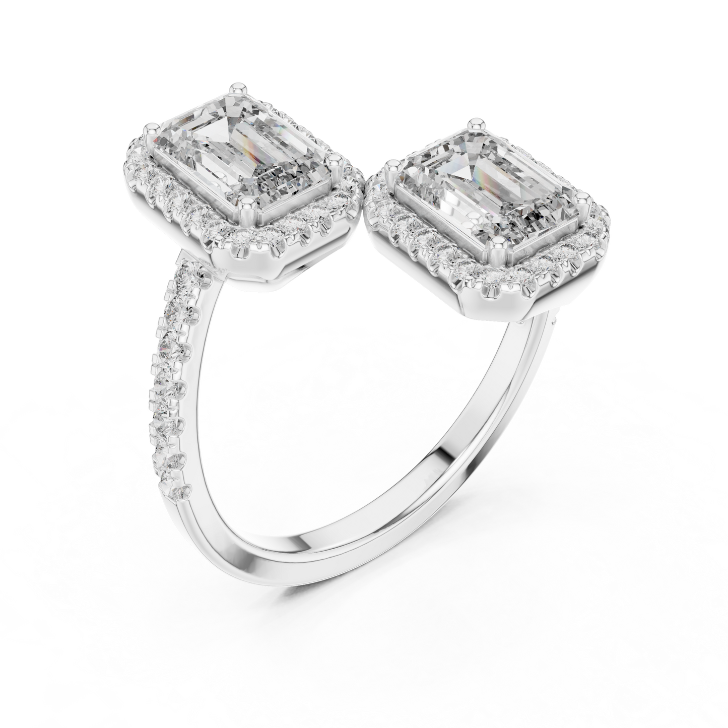 Double Emerald-Cut Diamond Ring with Diamond Halo Accents