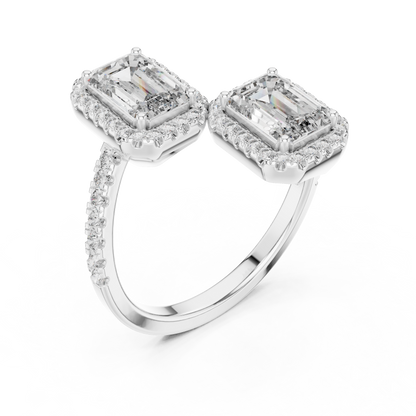 Double Emerald-Cut Diamond Ring with Diamond Halo Accents