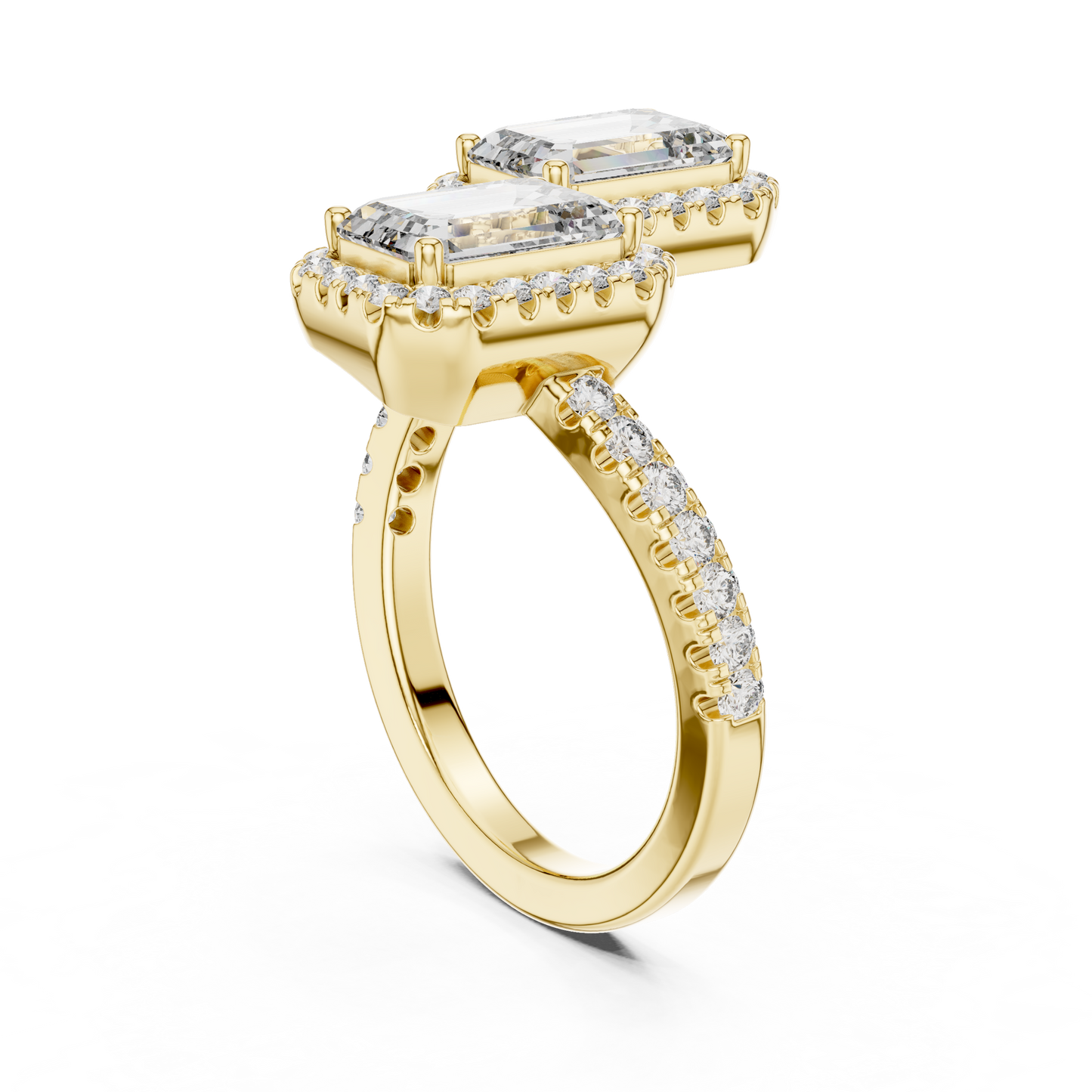 Double Emerald-Cut Diamond Ring with Diamond Halo Accents